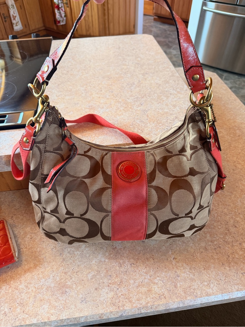 Coach Beige Signature Canvas Hobo with Coral Trim